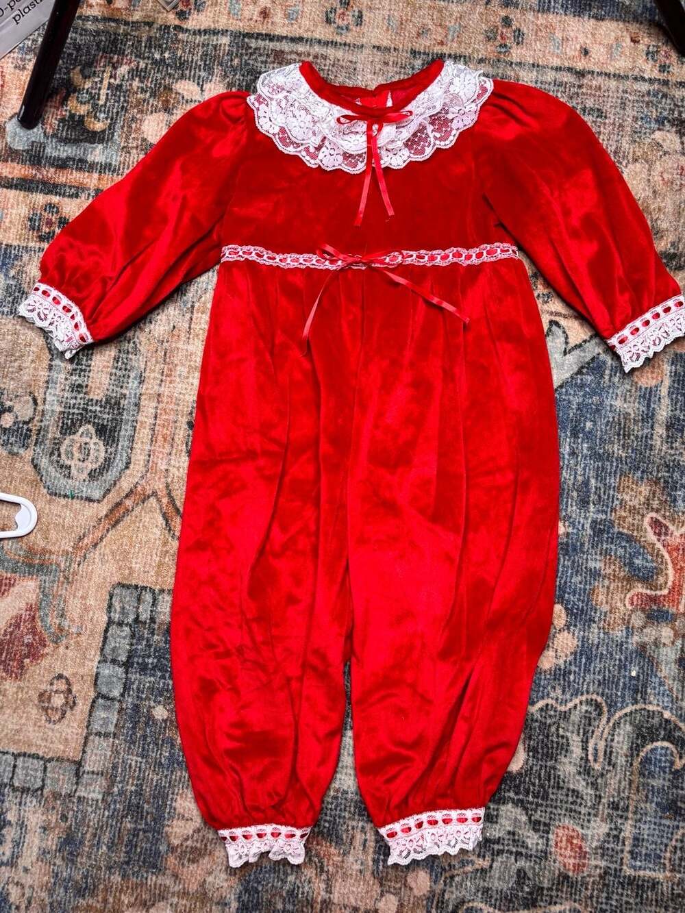 Vintage Infant Red Velour Holiday Jumpsuit with Lace Trim